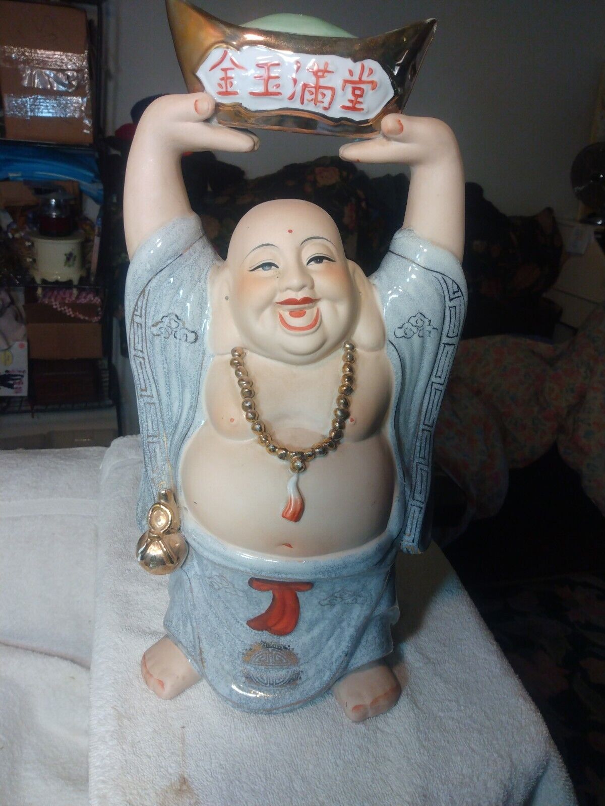 Vtg Happy Buddha Asian Porcelain Figurine Sculpture Hd/Pt Hands Up w Ingot FINE 