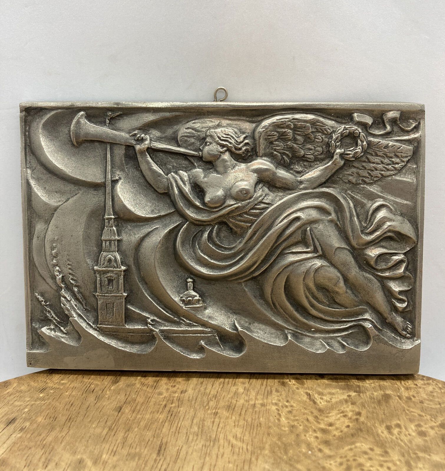 Russian metal wall hanging plaque Angel Over cityscape St. Petersburg 7.25”x5”