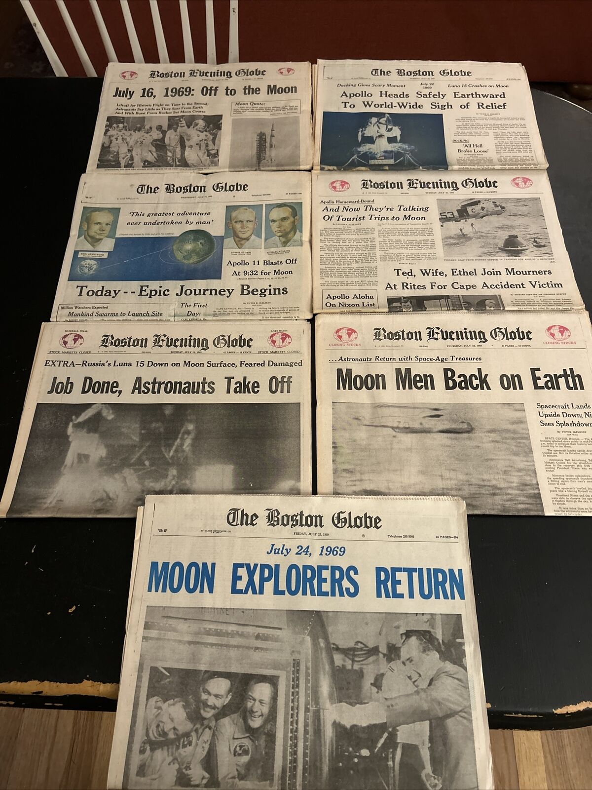 Lot of 7 Original 1969 Moon Mission Landing Boston Globe Whole Newspapers
