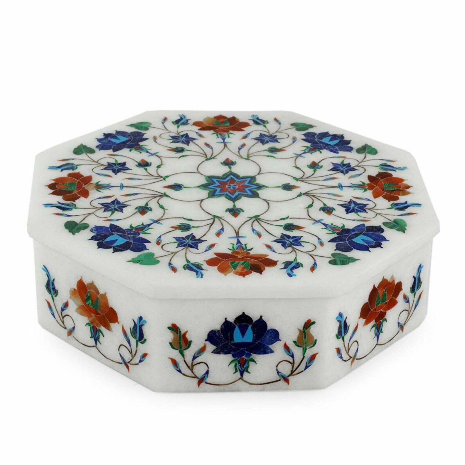 Octagon Marble Jewelry Box Nature Pattern Inlay Work Multiuse Box for Kitchen