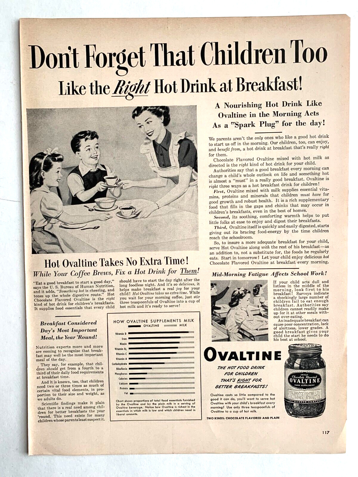 1951 Ovaltine Print Ad 13in x10in  Breakfast Hot Drink