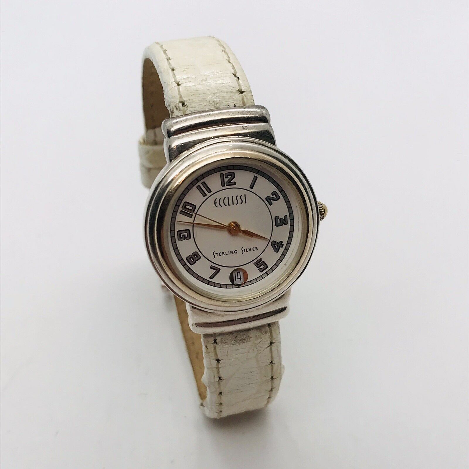 ECCLISSI STERLING SILVER DATE TWO TONE WATCH CREAM BAND USED NEW BATTERY