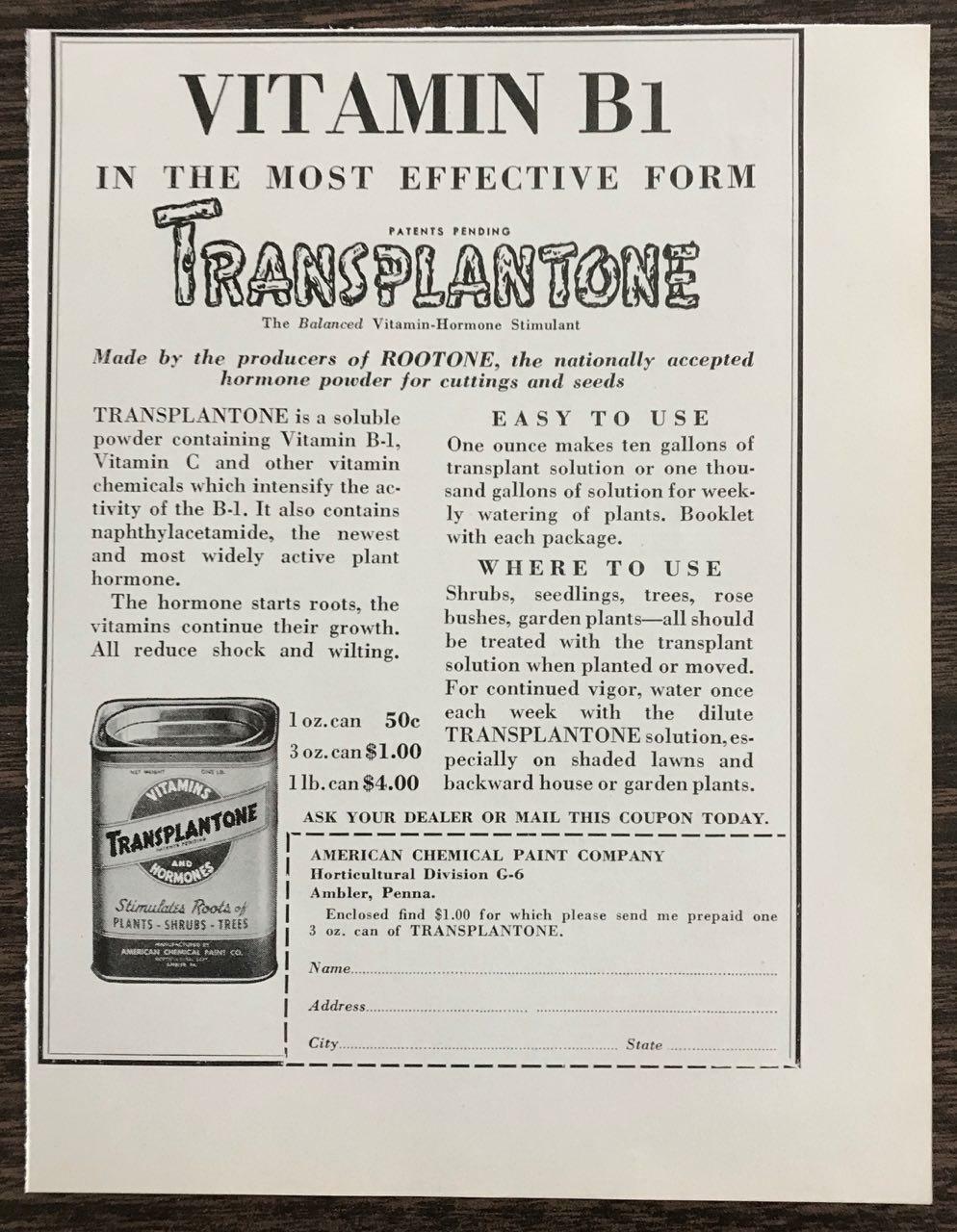 1940 Transplantone Plant Vitamins Hormones Print Ad From the Makers of Rootone