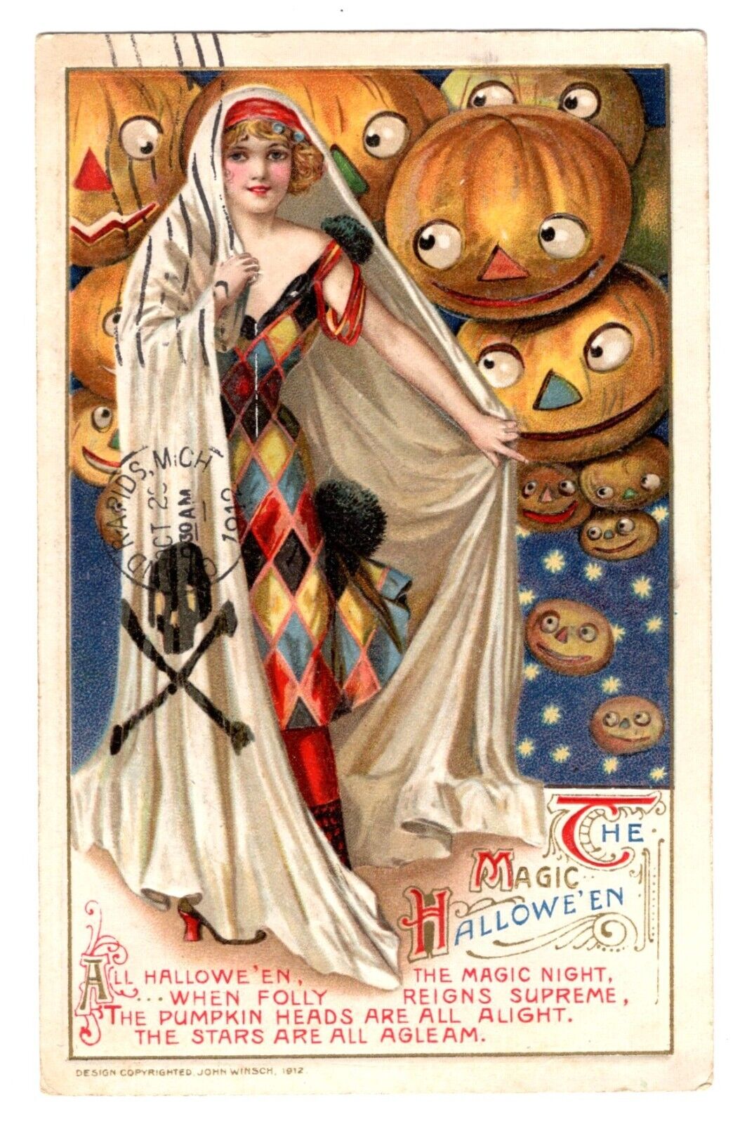 John Winsch Antique 1912 Halloween Girl Magic - Skull & Bones Death Postcard