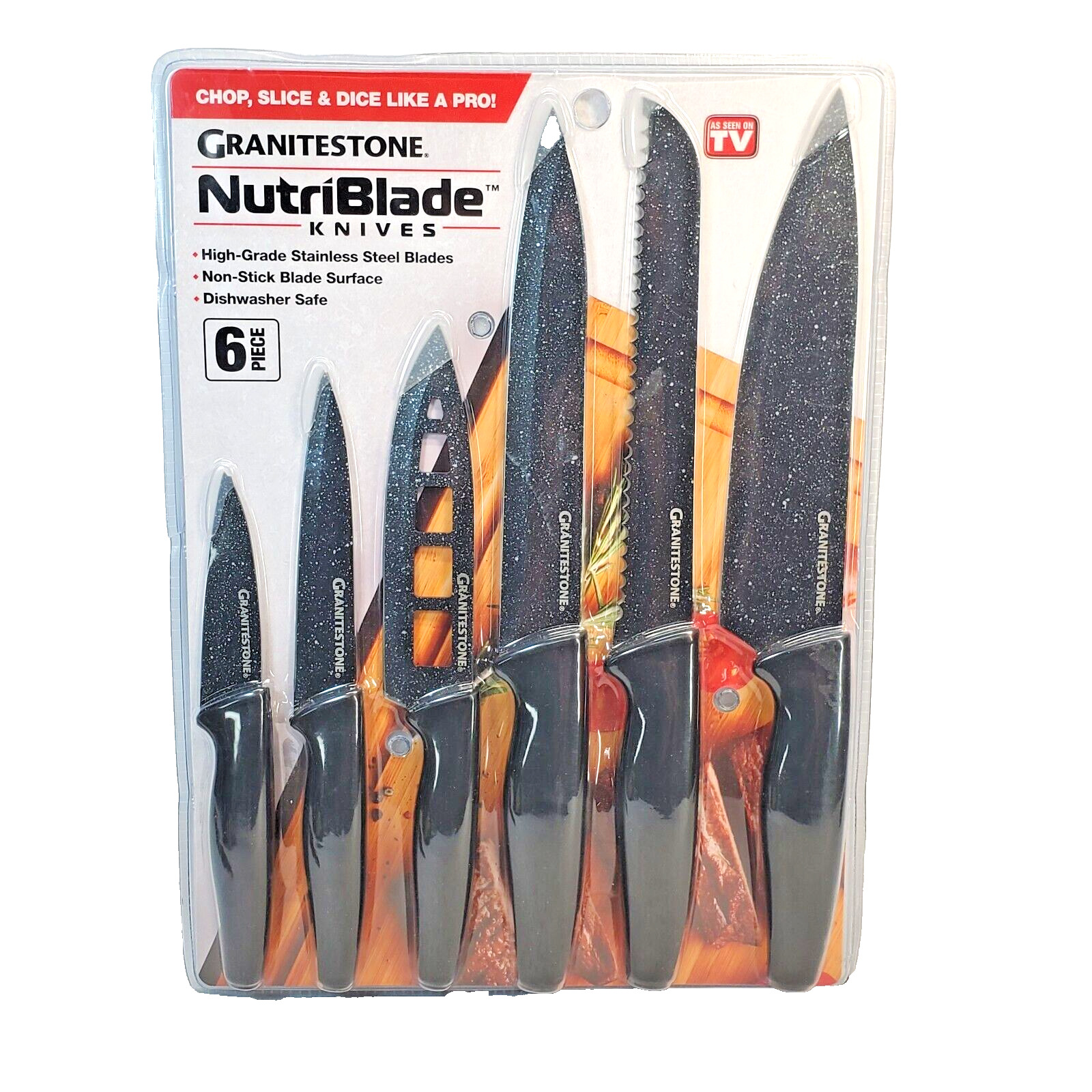 Granitestone NutriBlade 6 Piece Kitchen Knife Set Stainless Steel Blades - BLACK