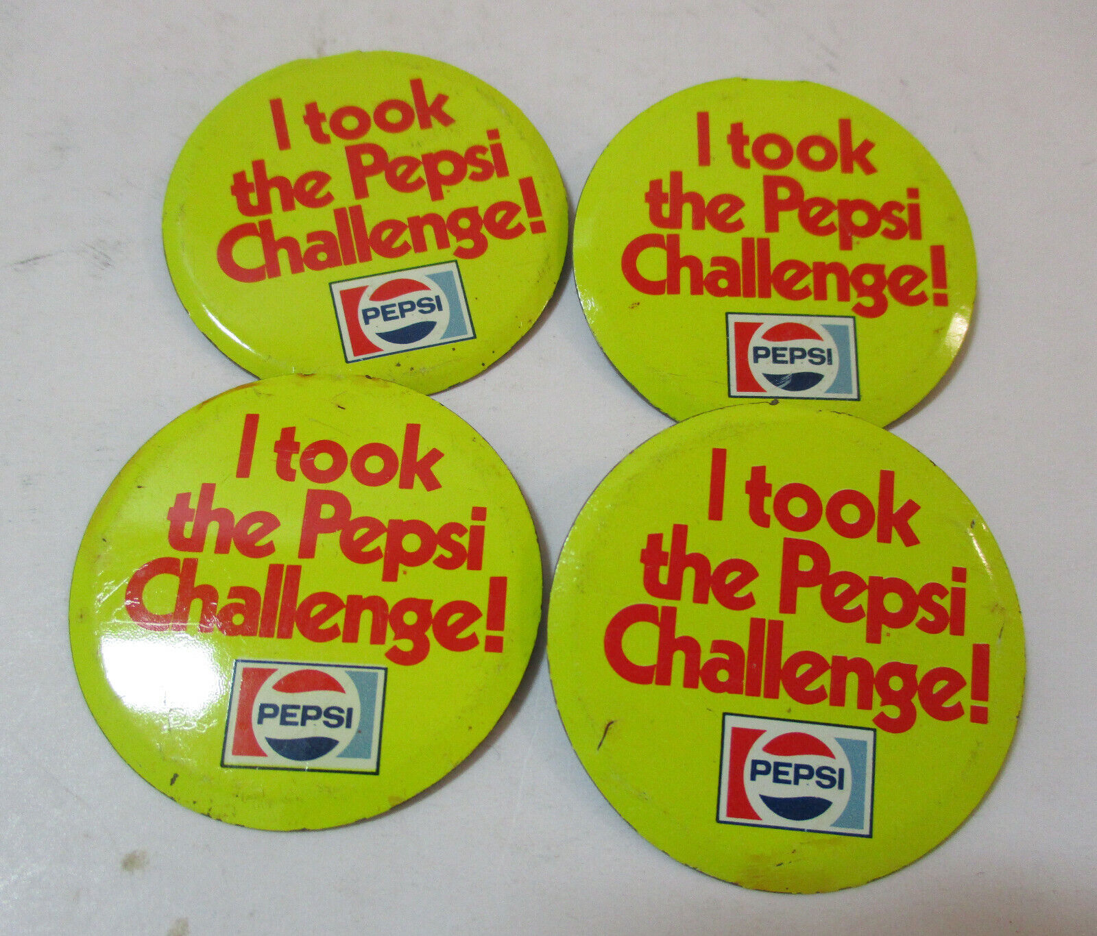 Vintage Pepsi I took the Pepsi Challenge, Fold Over Pin  Pinback Button Lot of 4