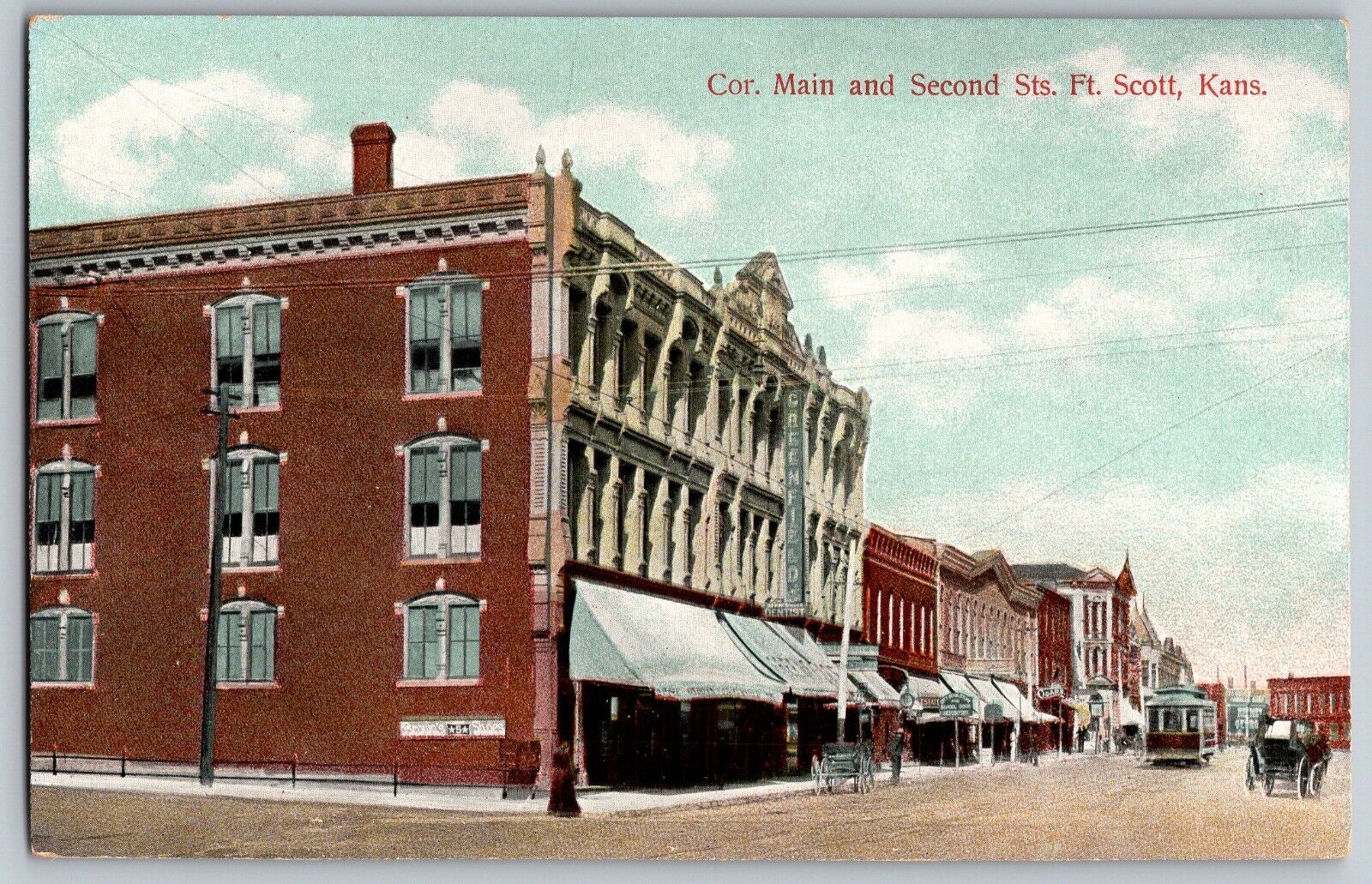 Fort Scott, Kansas KS - Cor. Main and Second Street View - Vintage Postcard