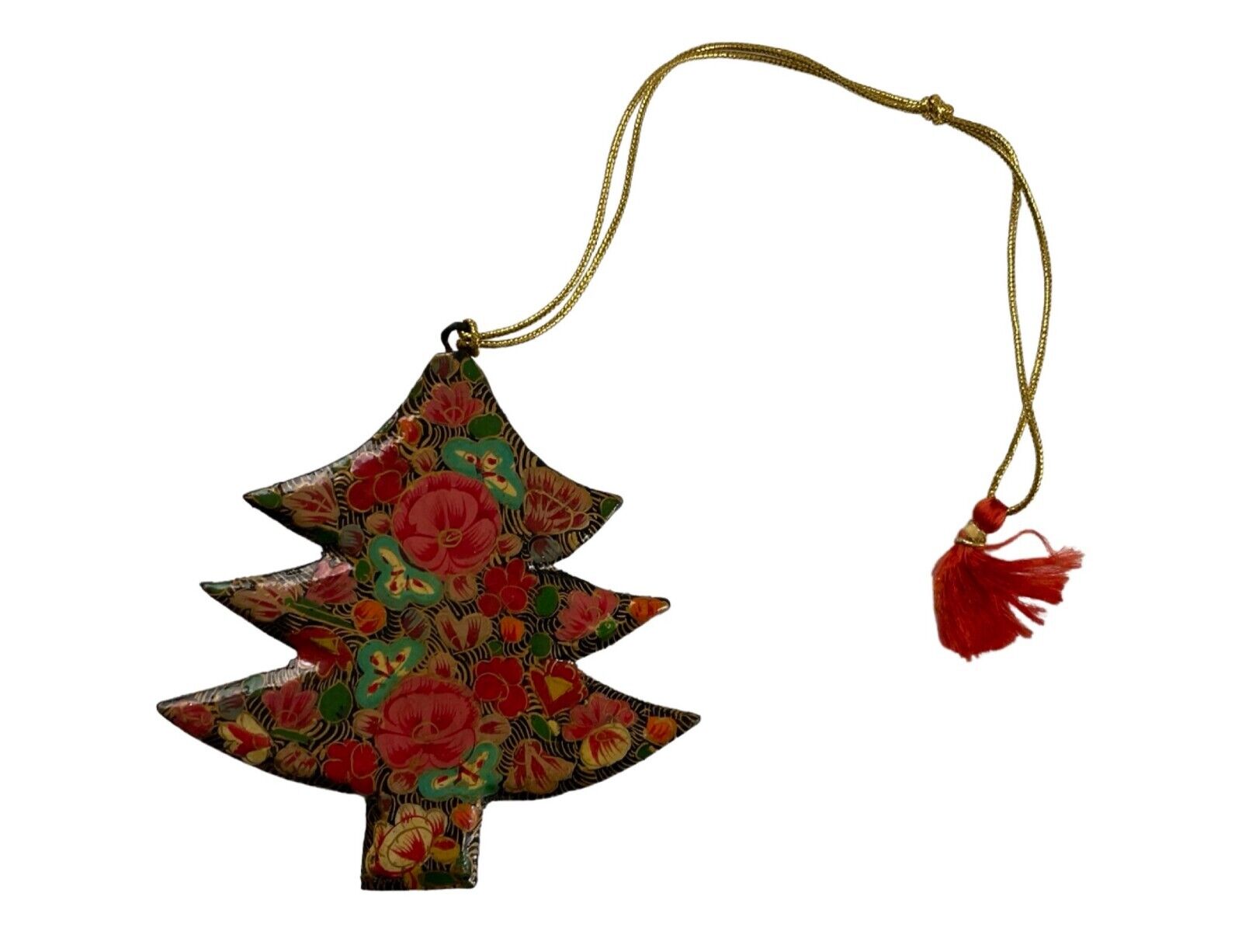 Vintage Christmas Tree Ornament 80s Decoupage Handmade Red Green Gold Tree
