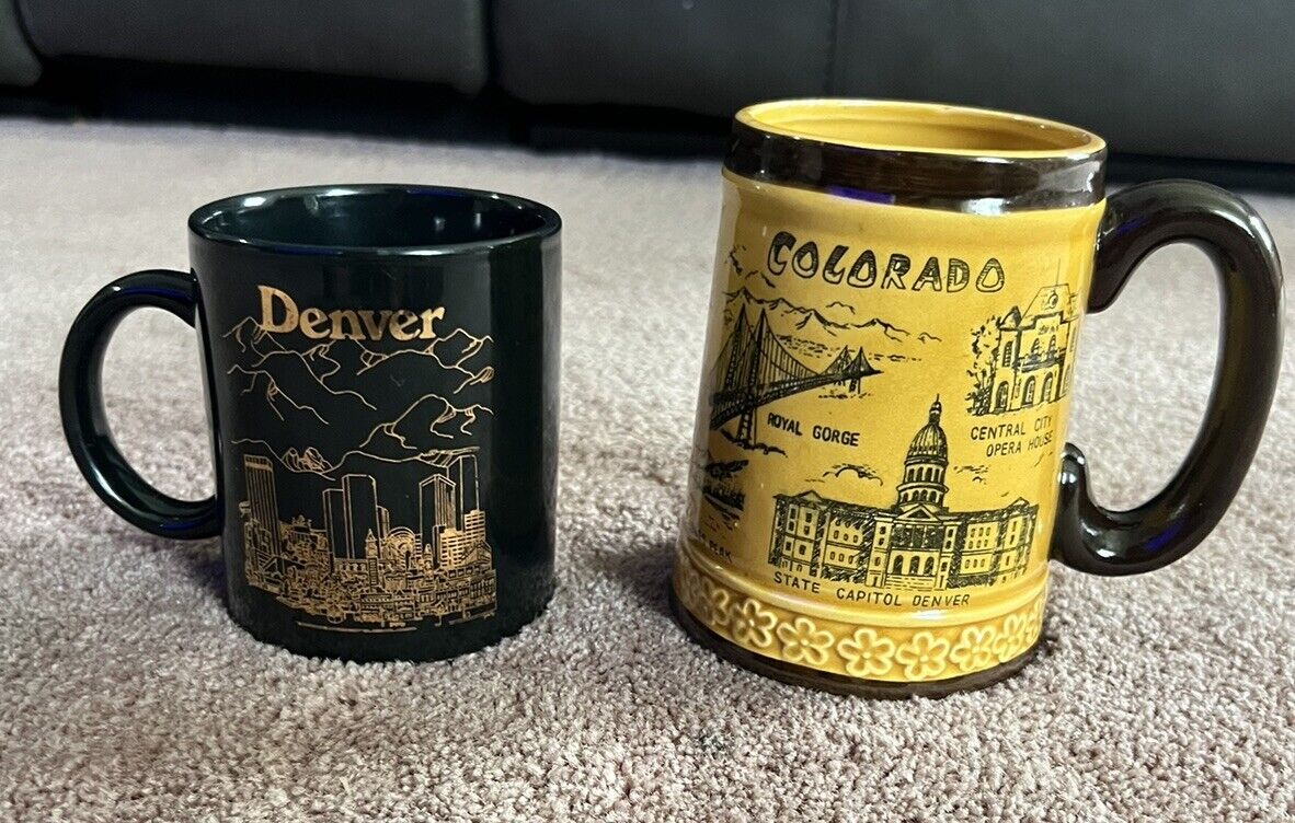 2 Vintage Denver Colorado Black & Gold And Yellow Travel Souvenir Coffee Cup Mug