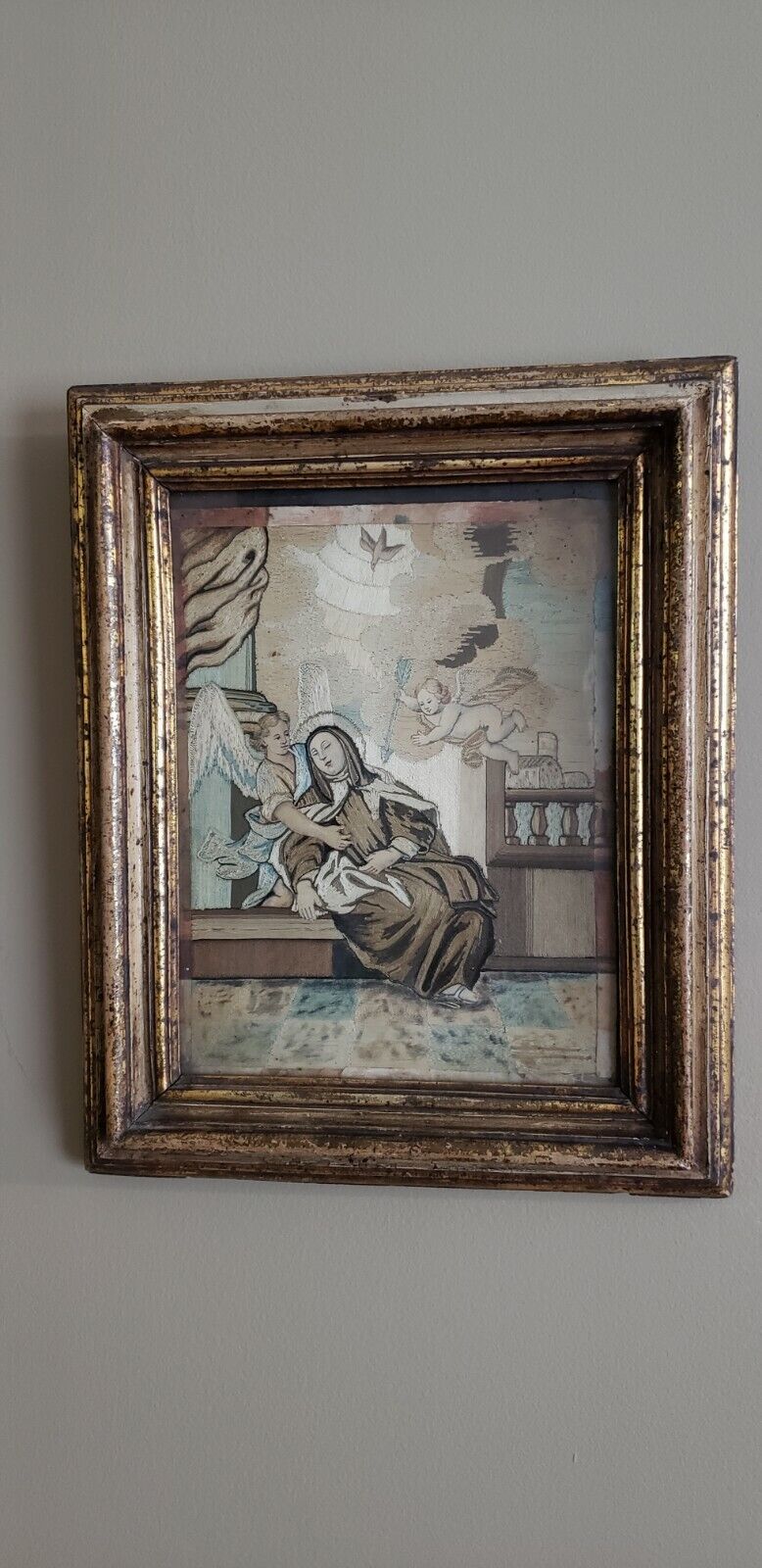 Antique 18th century Framed Embroidery on Silk, The Ecstasy of St. Teresa