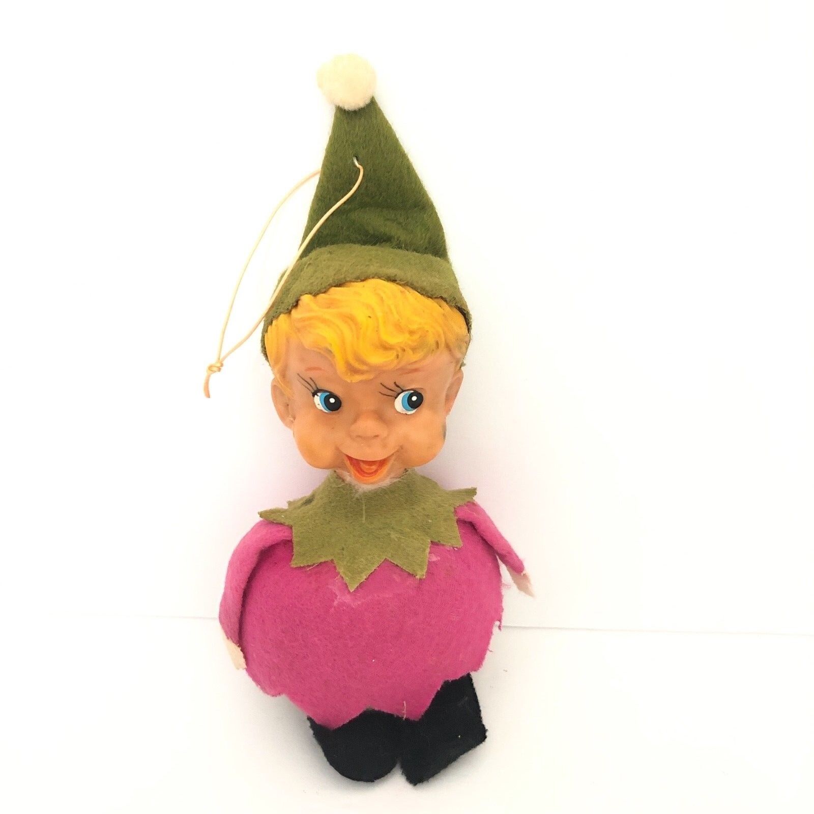 Vintage Mid Century Pixie Elf Christmas Tree Ornament Rubber Head Round Felt
