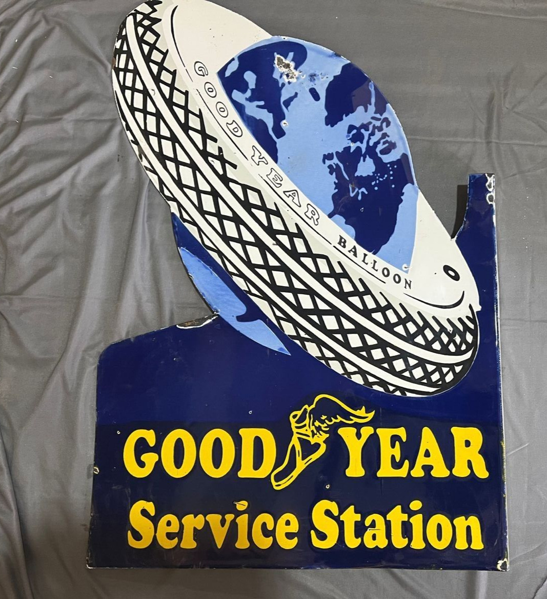 PORCELIAN GOOD YEAR SERVICE STATION ENAMEL SIGN SIZE 36X24 INCHES 2 SIDED FLANGE