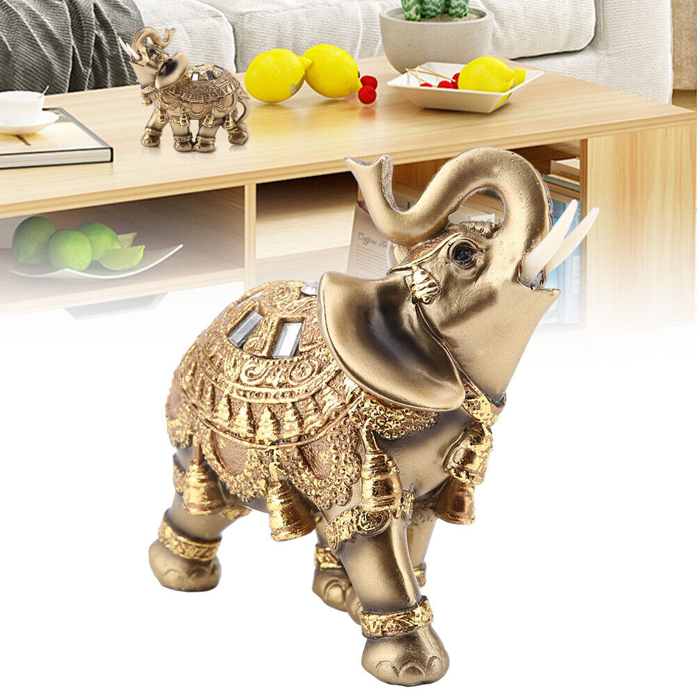 Lucky Feng Shui Golden Elephant Statue Sculpture Wealth Figurine Gift Home Decor