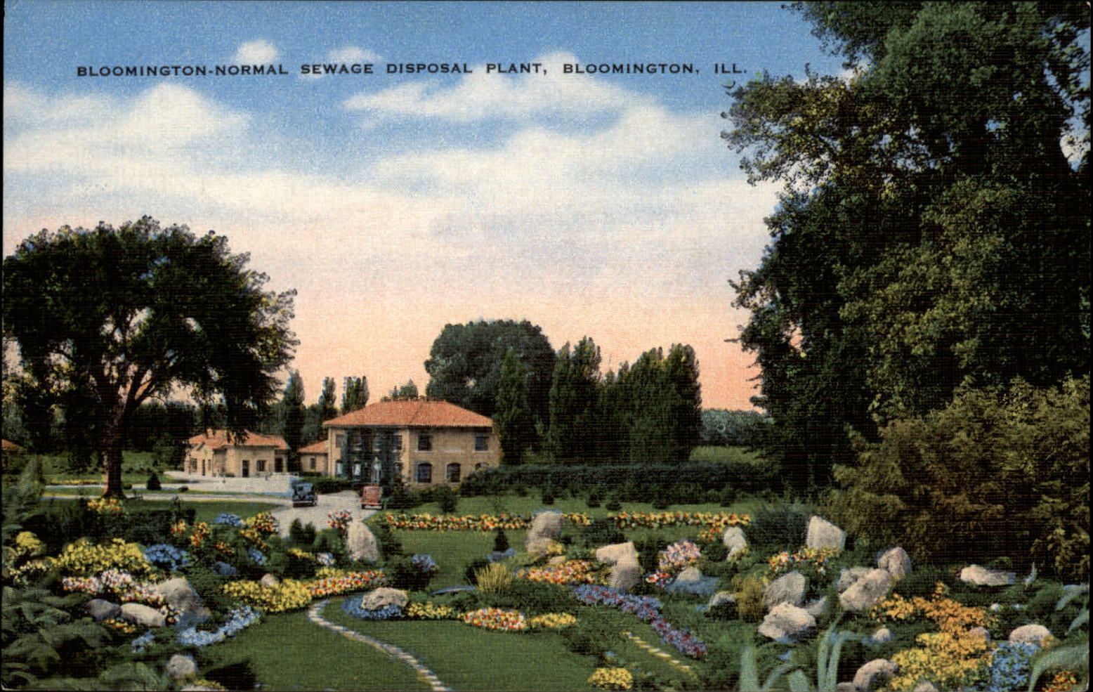 Bloomington Normal Sewage Disposal Plant Illinois garden ~ 1940s postcard