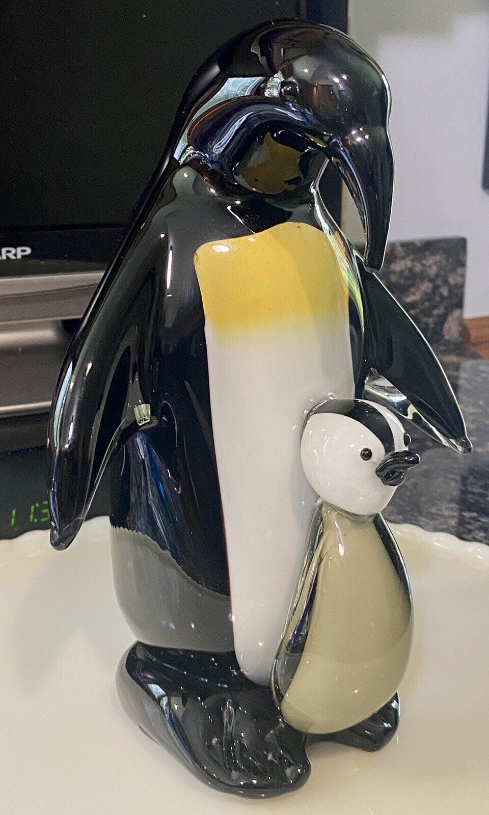 Hand Blown Glass Father Emperor penguin And Baby 10 inches