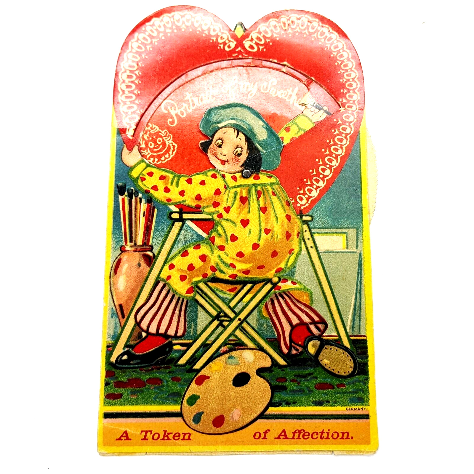 c1930s Cute Clown Girl Painting Mechanical Valentine Card Die Cut Germany 5V
