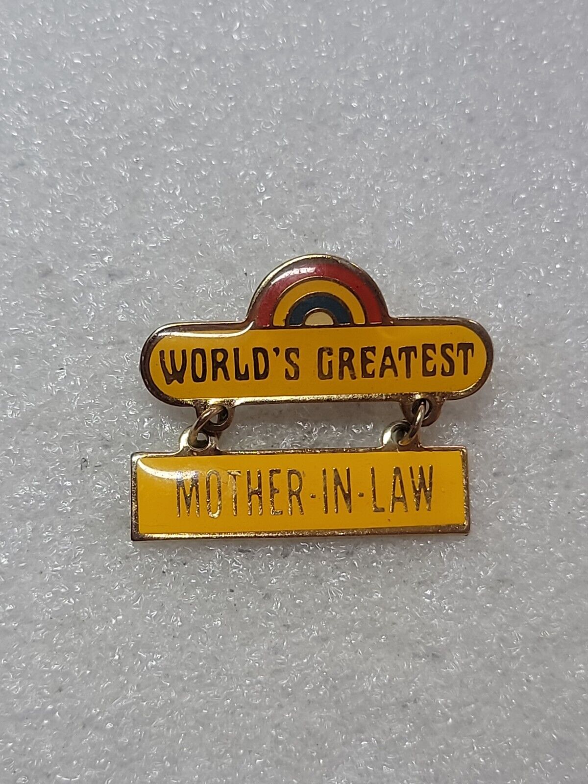 World\'s Greatest Mother In Law Lapel Jacket Pin Rainbow Yellow Latch Clasp VTG