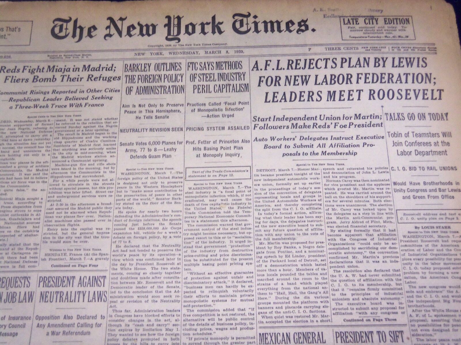 1939 MARCH 8 NEW YORK TIMES - A. F. L. REJECTS LEWIS PLAN - NT 3677