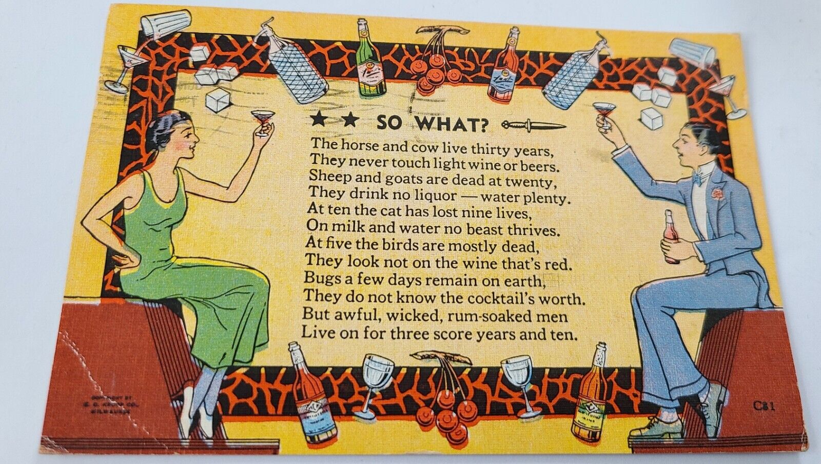 Vintage 1949 Humorous Linen Postcard - So What - E C  Kropp