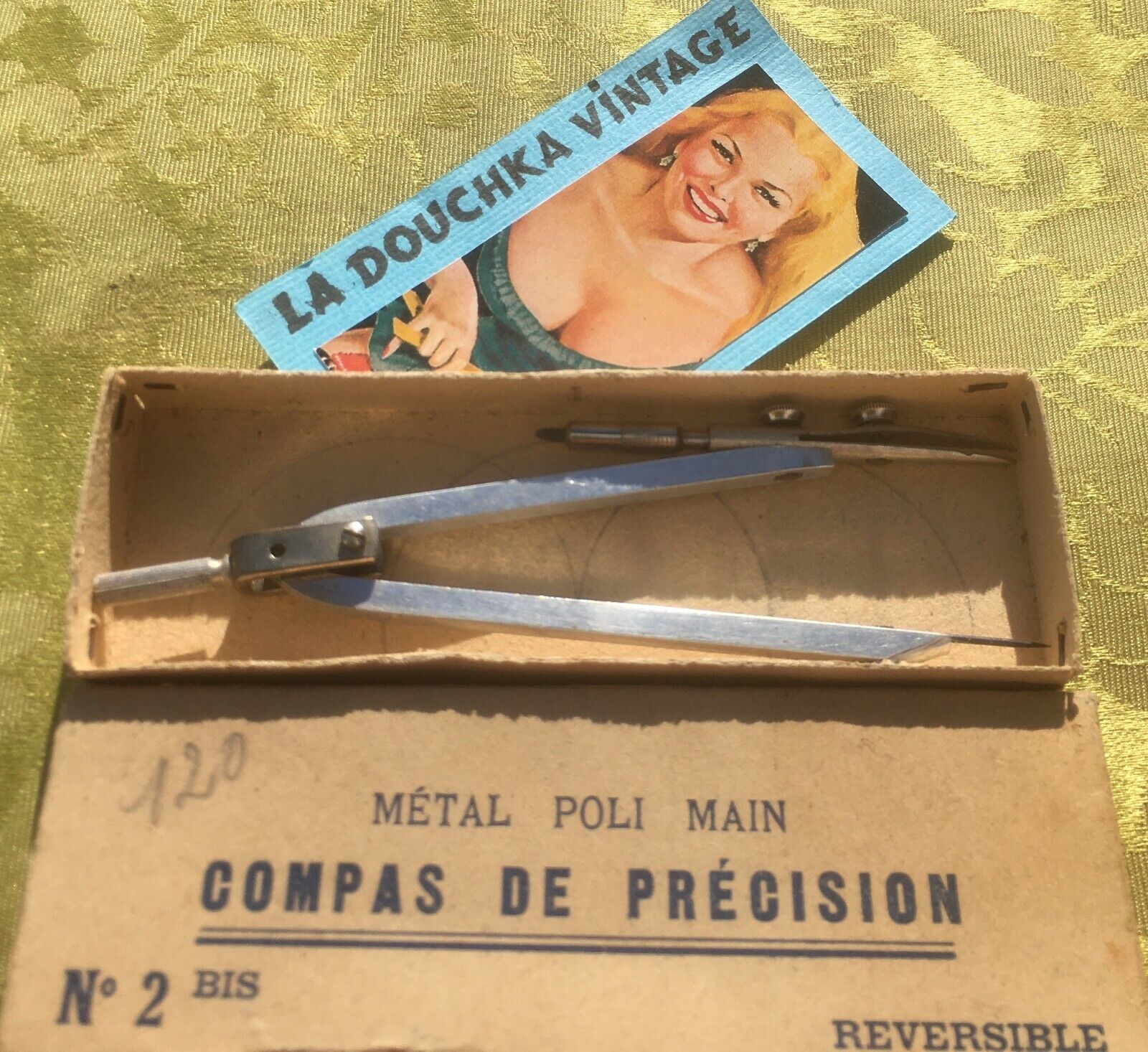 FRENCH 1950s DRAWING DRAFTING REVERSIBLE COMPASS~HAND POLISHED METAL~NEW IN BOX
