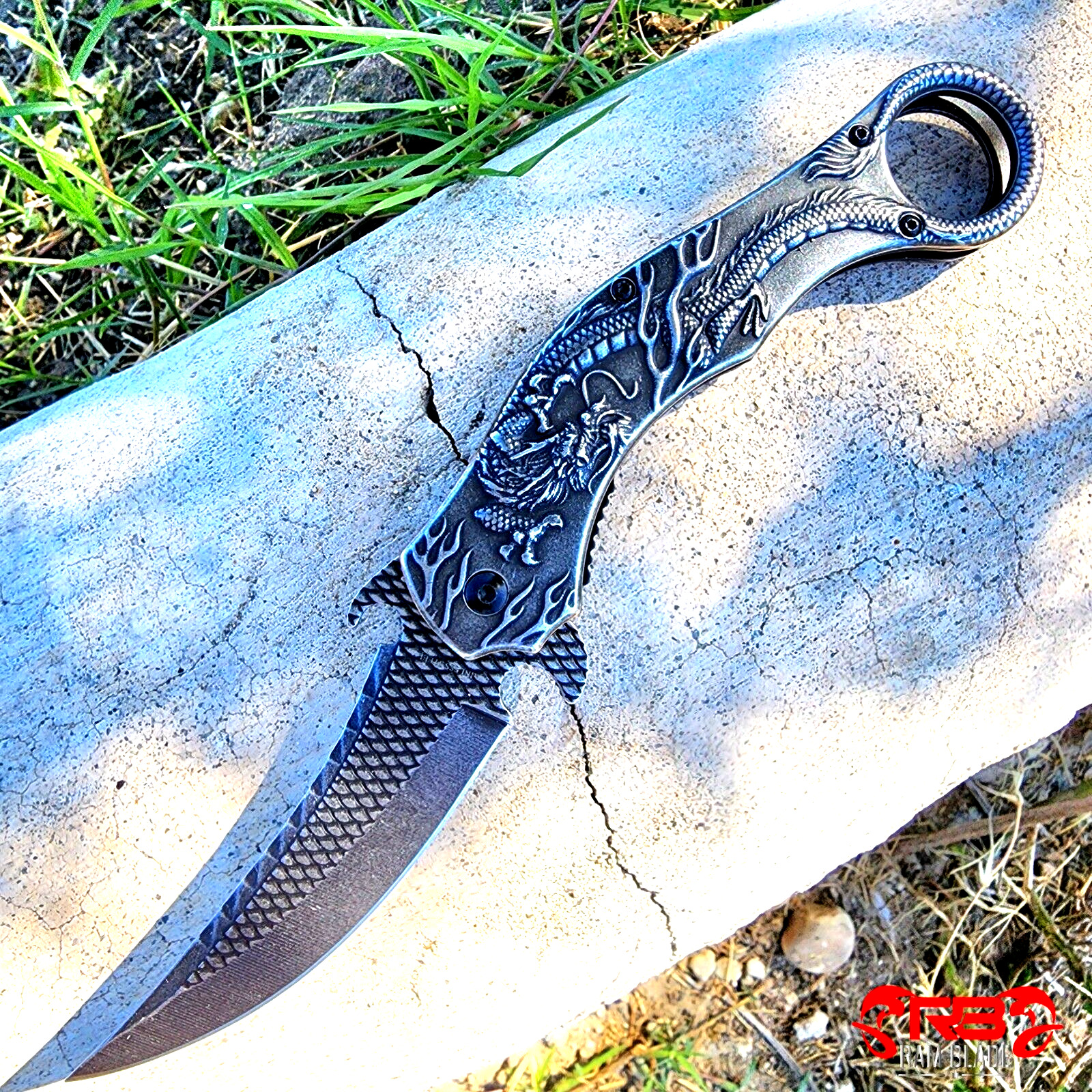 9”Stone Wash Engraved Dragon Spring Assisted Open Blade Folding Pocket Knife EDC