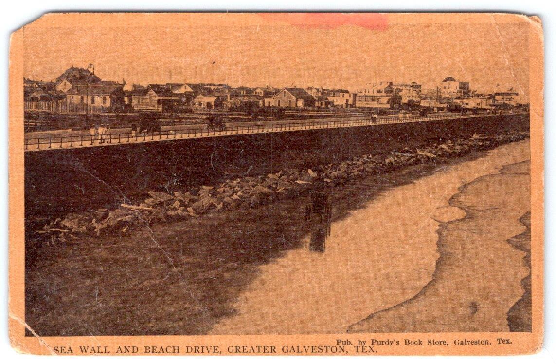1910\'s ERA GALVESTON TEXAS SEA WALL & BEACH DRIVE PUBL BY PURDY\'S BOOK STORE
