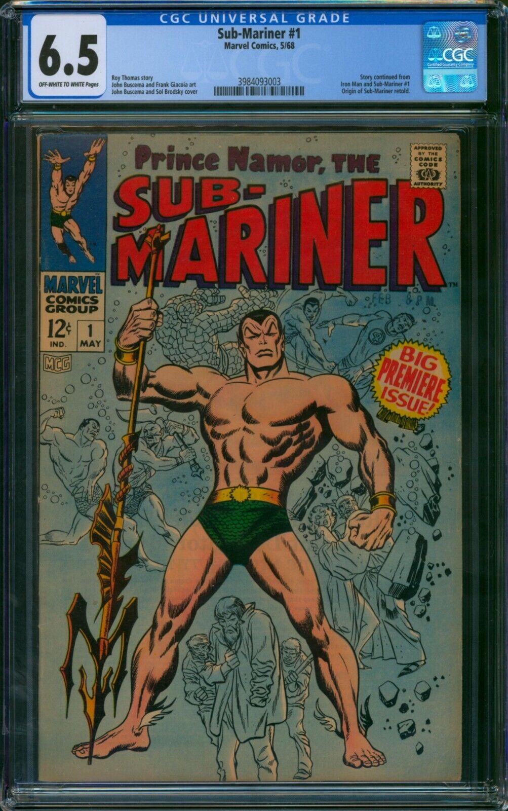 The Sub-Mariner #1 ⭐ CGC 6.5 OW-W ⭐ Prince Namor Origin 1st Solo KEY Comic 1968