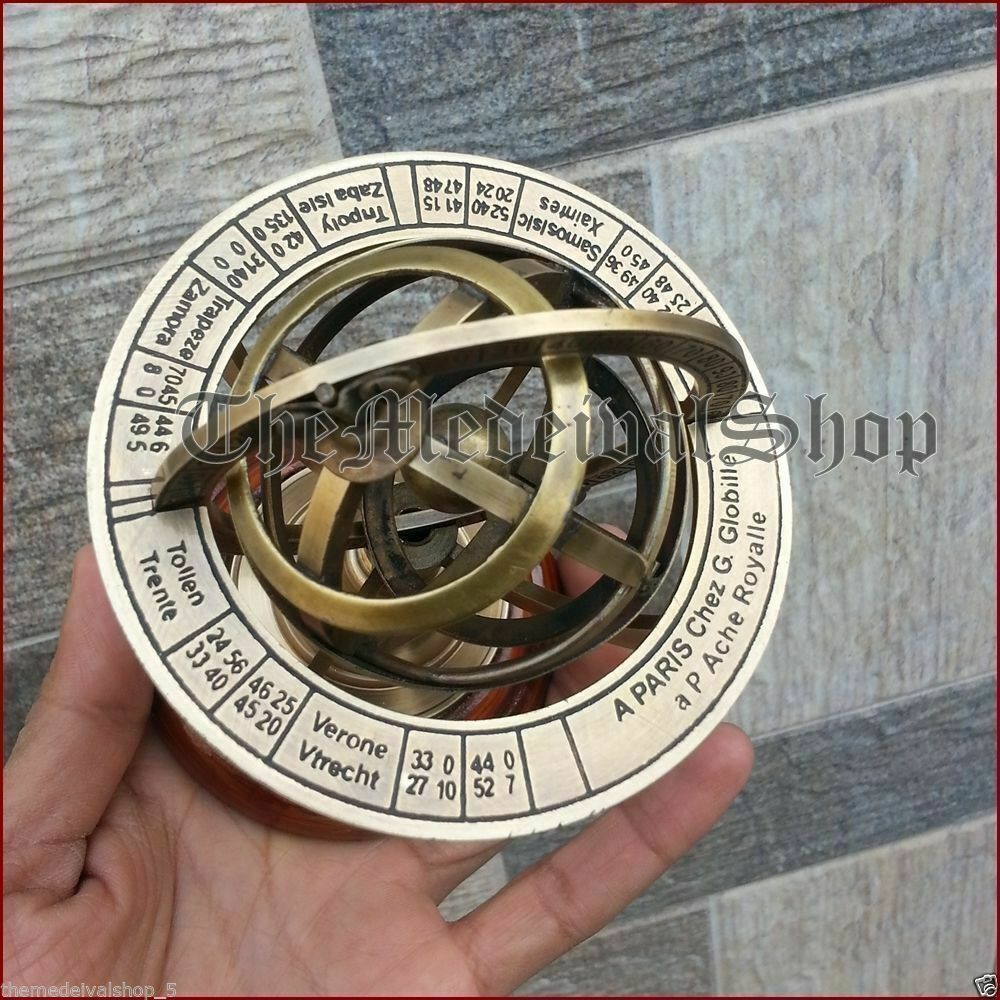 Astrolabe Antique Armillary Brass Desktop Globe Sphere Wooden Base Vintage Gift