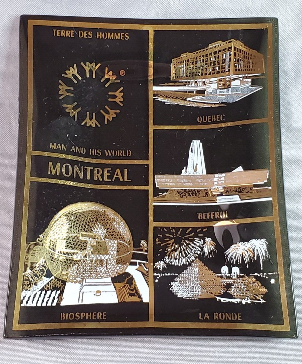 Montreal Glass Trinket Dish Tray Souvenir Black Gold Quebec Canada Biosphere Vtg