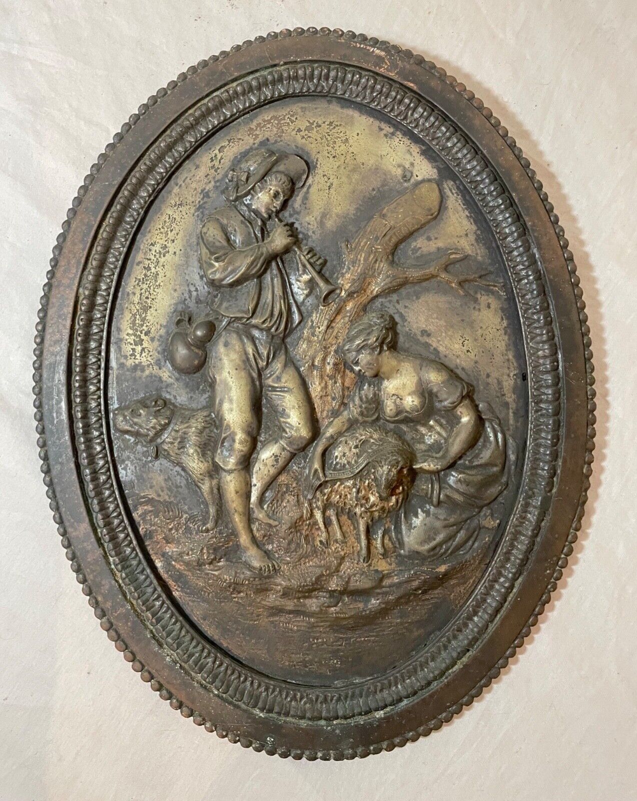 antique 1800's solid bronze relief wall plaque art animal figural scene statue