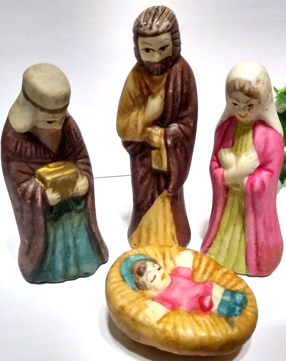 Vintage Nativity Christmas Ceramic FIGURINES 4 pieces Baby Jesus Mary Wiseman