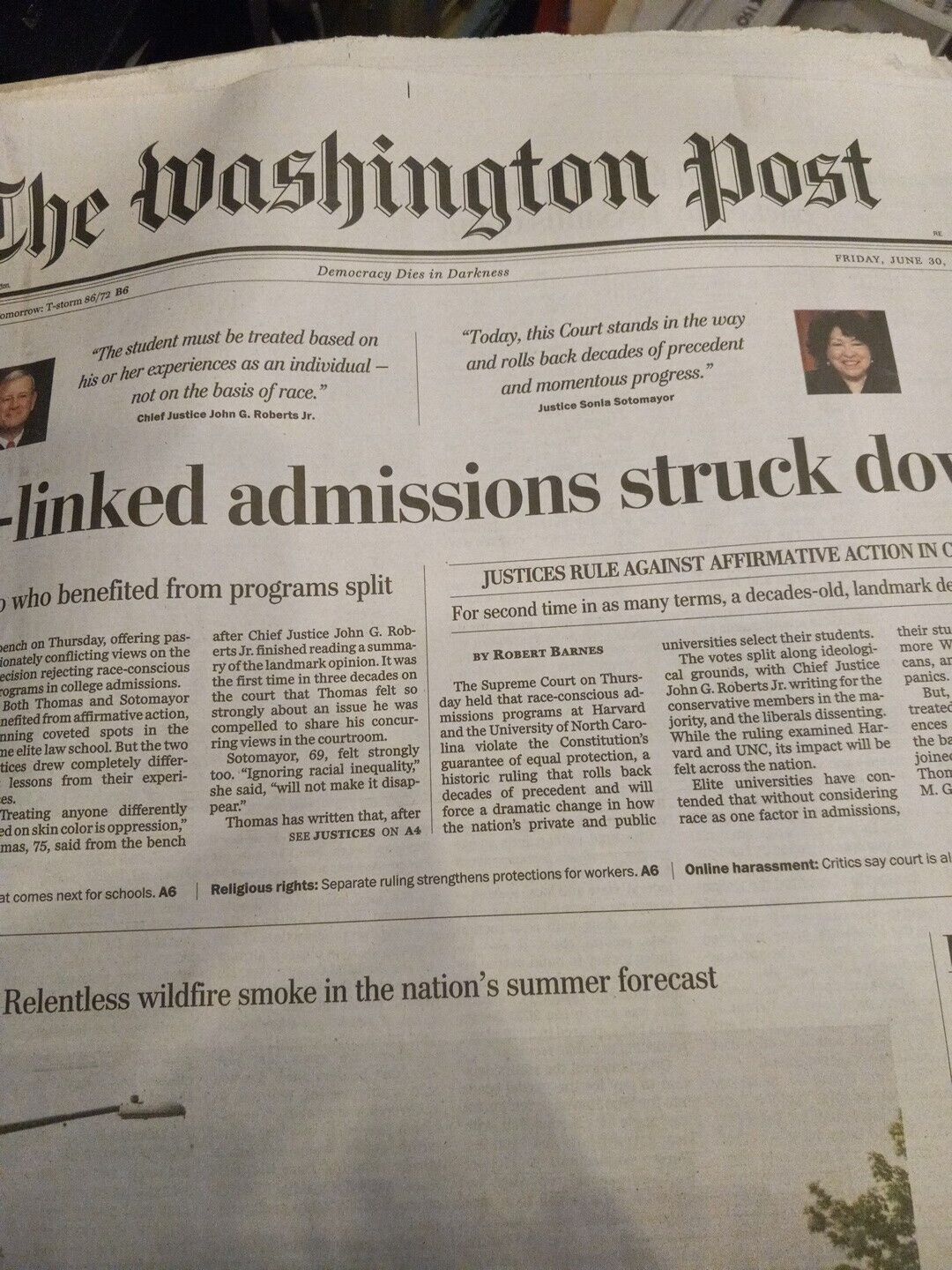 The Washington Post Friday June 30 2023. Race Linked Admisions Struck Down