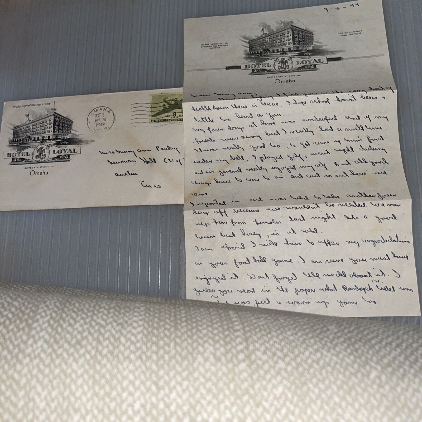 1944 Letter from Private Moving Army Air Base: Hotel Loyal Letterhead Omaha NE