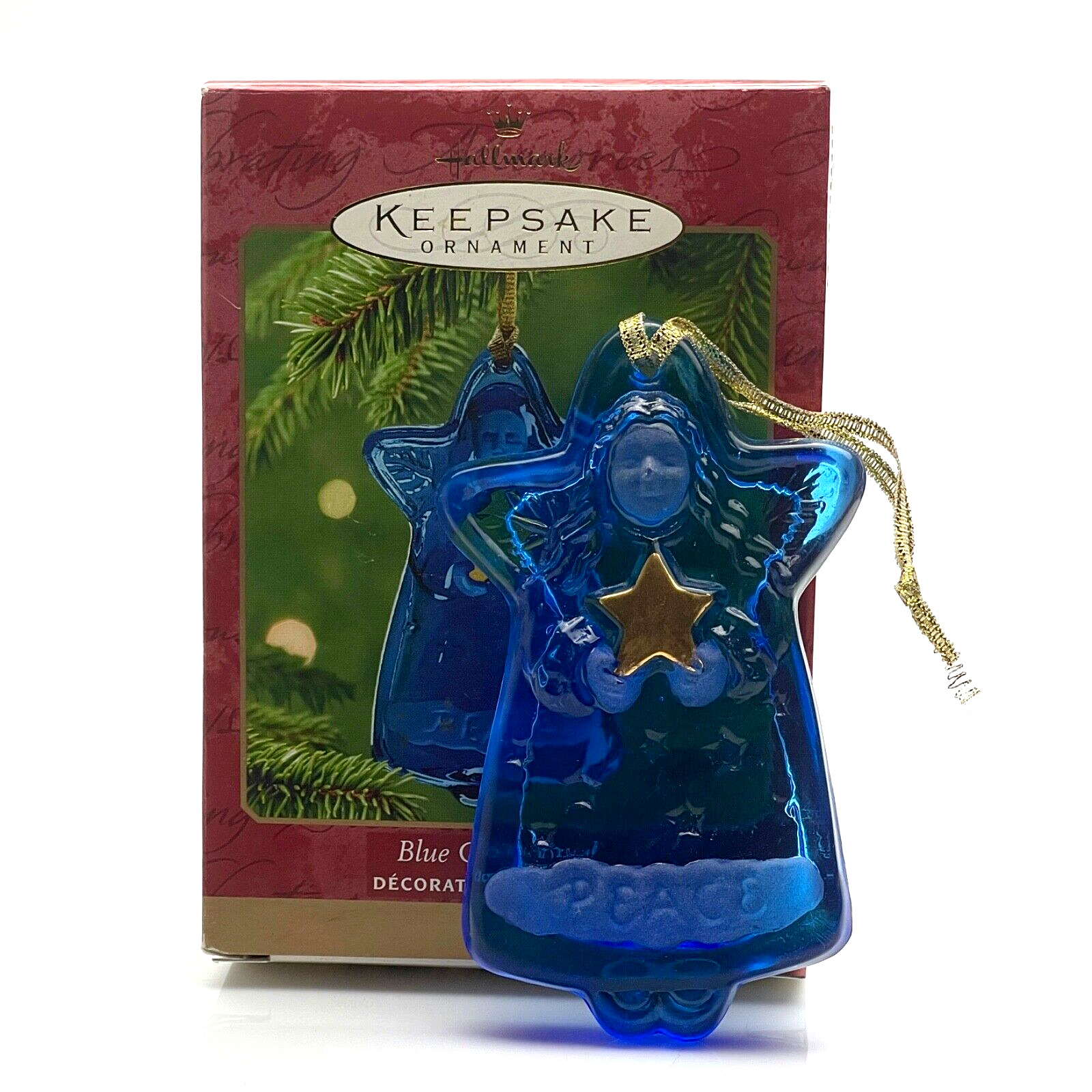 HALLMARK KEEPSAKE BLUE GLASS ANGEL WITH GOLD STAR 2000 CHRISTMAS ORNAMENT QX8381