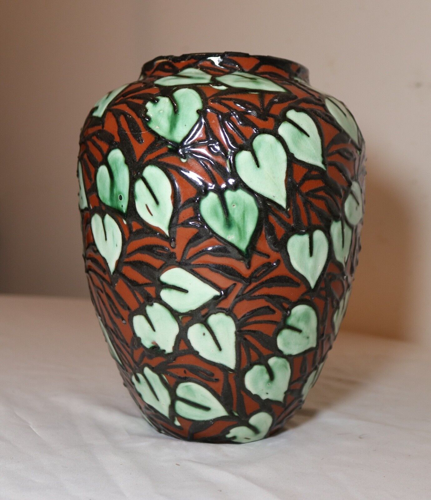 rare antique 1800\'s Max Laeuger Karlsruhe Ceramic pottery leaf enamel Vase jug 