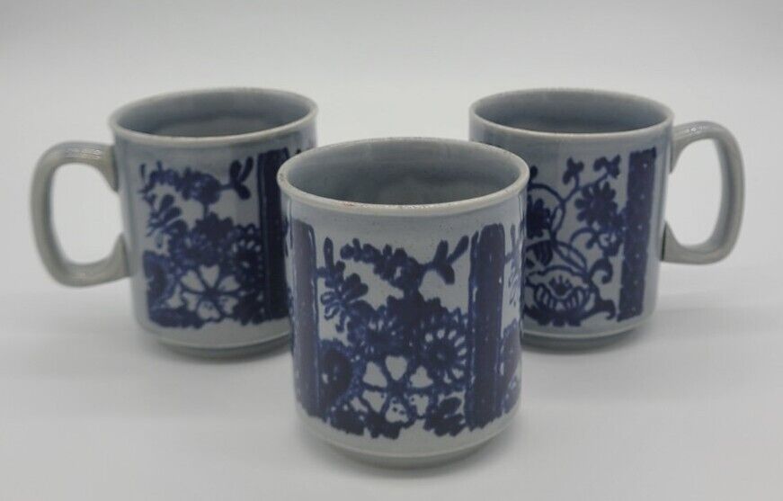 3 pc Vintage WP England Stoneware Gray Blue Floral Coffee Mugs