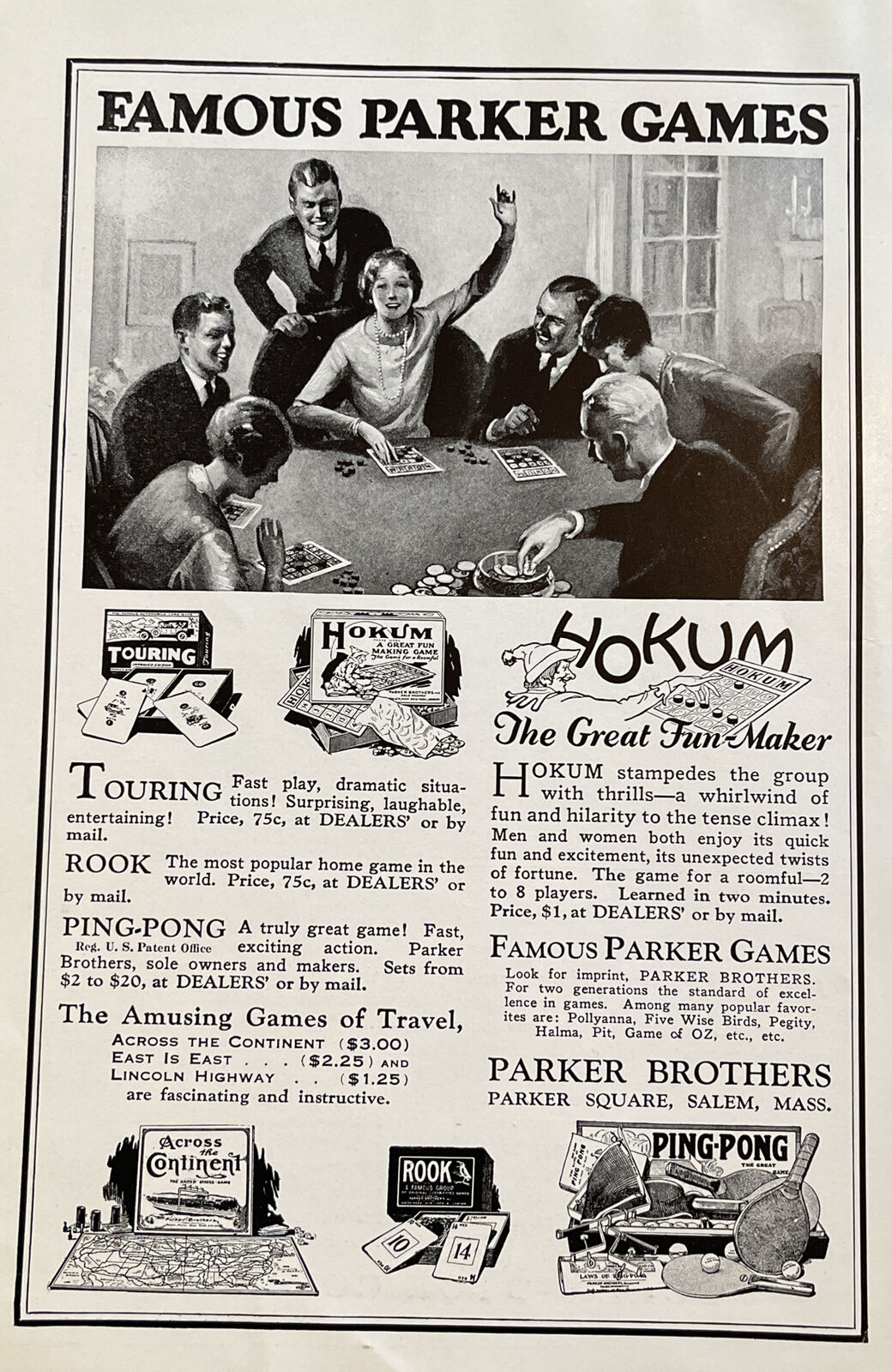 Vintage 1927 Parker Brothers Game Print Ad Ping Pong Hokum Travel Rook ++