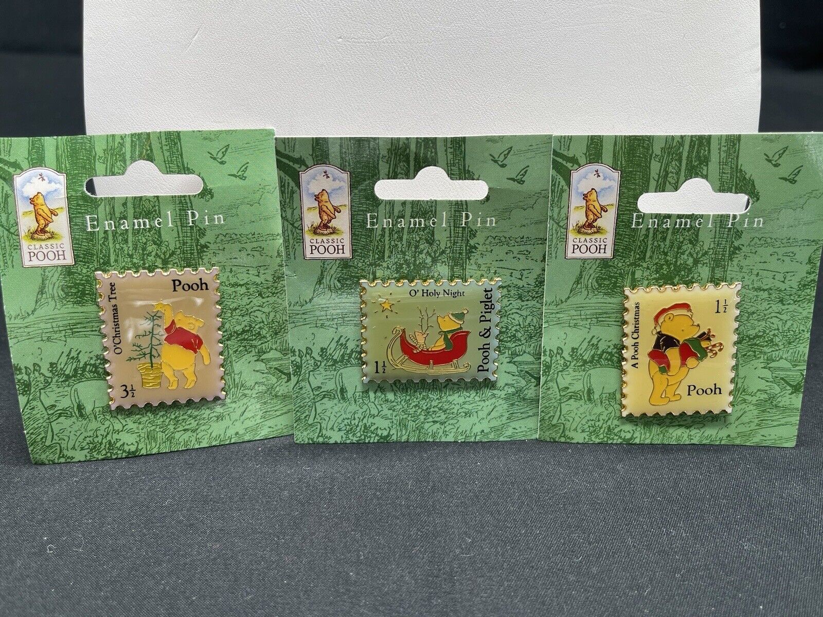 New NIP - Lot Of 3 Classic Winnie The Pooh Christmas Stamp Enamel Pins