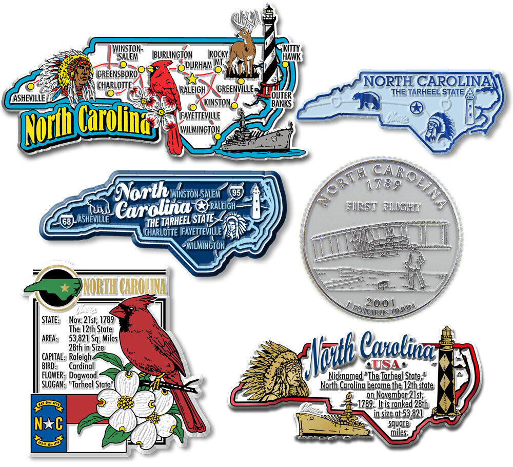 North Carolina Six-Piece State Magnet Set by Classic Magnets, Includes 6 Designs