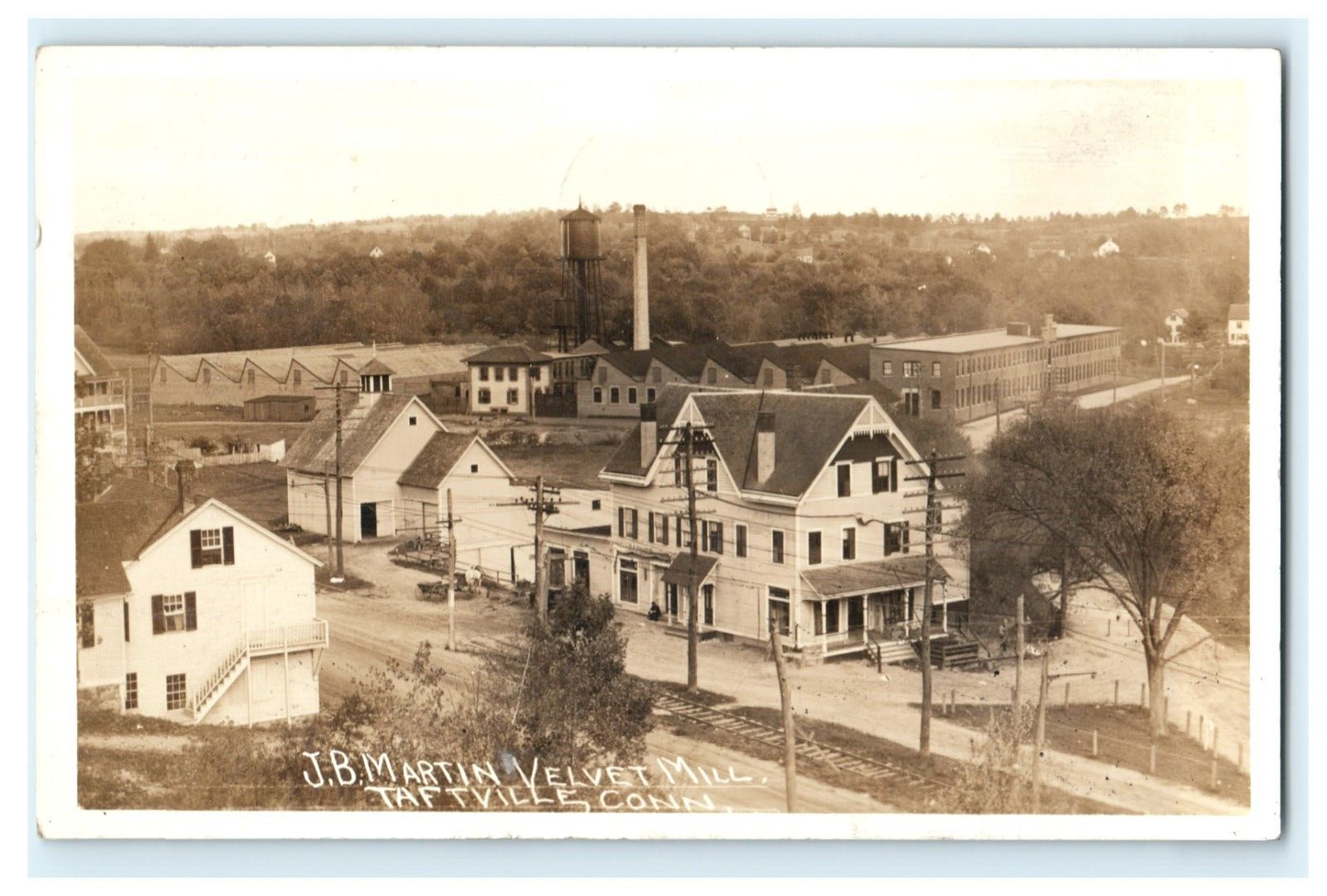 1913 J.B. Martin Velvet Mill Taftville CT RPPC Posted View Aerial Train Tracks