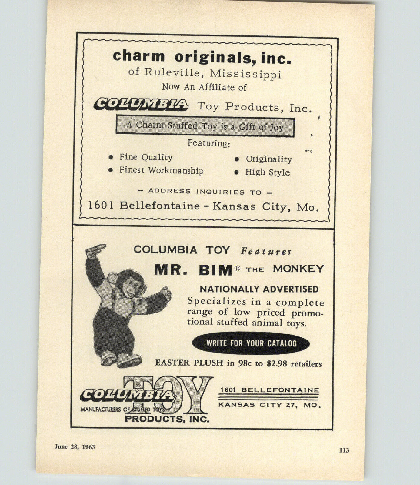 1963 PAPER AD Columbia Toy Mr Bim Monkey Expert Doll Toy Adorable Stuffed