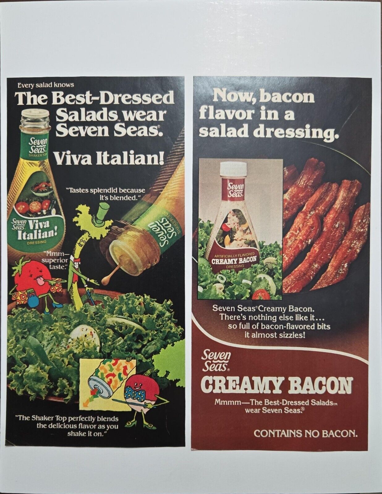 1980 Two Vintage Print Ads Seven Seas Viva Italian Creamy Bacon Dressing
