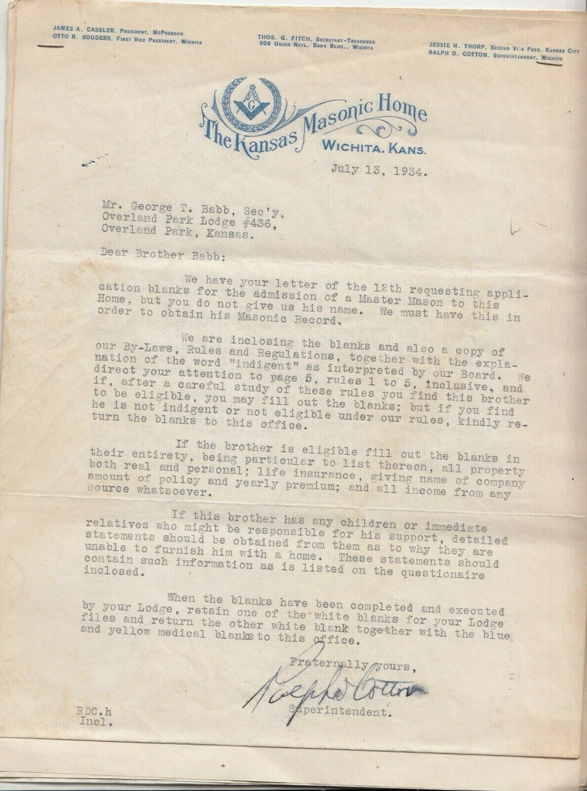 The Kansas Masonic Home Wichita  - July 1934 - Admission Application Letters