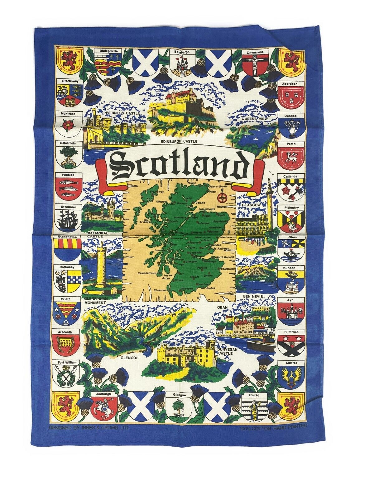 Scotland Cotton Tea Towel Crest Shield Map Castle Landmarks Souvenir 29”x20”
