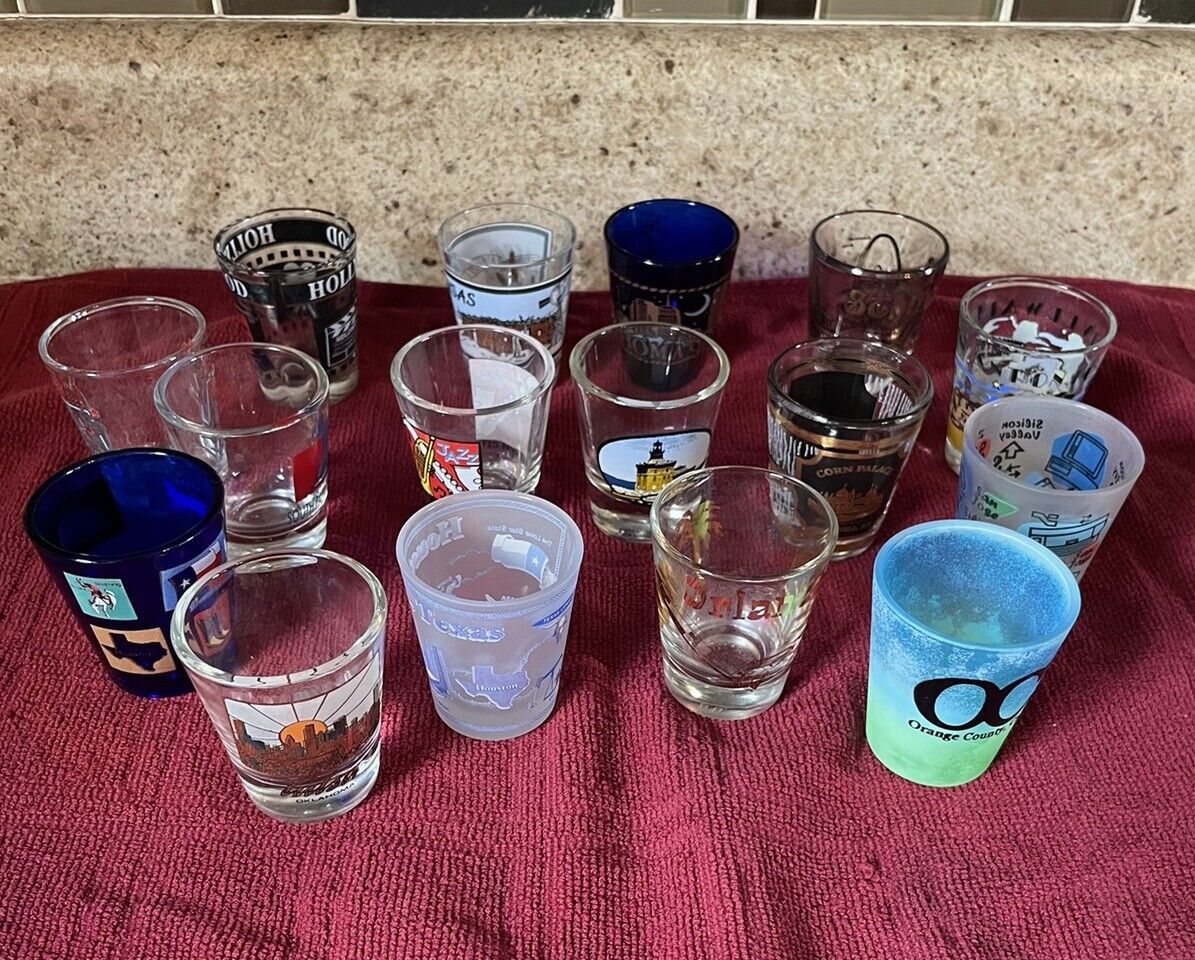 Souvenir Shot Glasses Lot Of 16 Cities States Tourist Attractions Standard Size