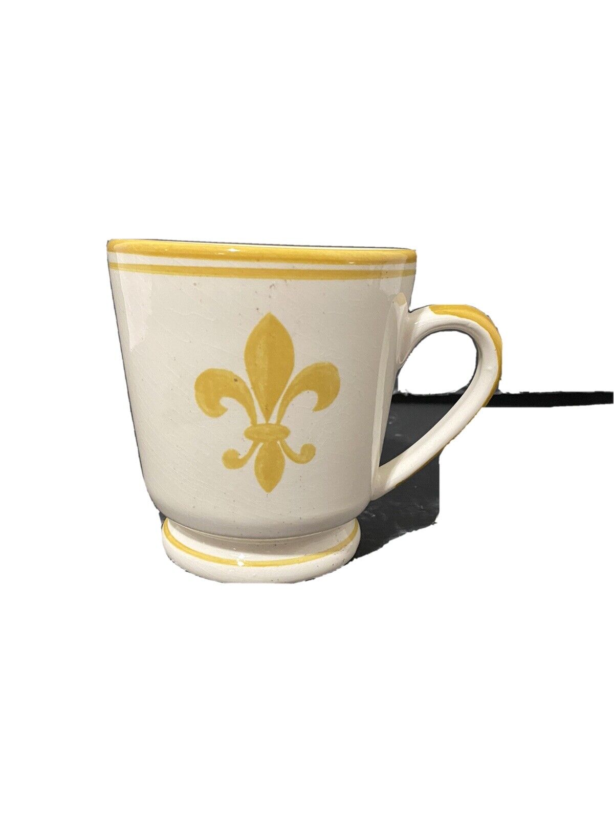 Williams Sonoma Fleur De Lis Coffee Mug Tea Cup Yellow and Cream Ceramic New