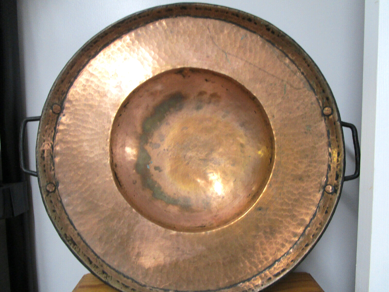 Vintage Large Solid Copper Hand Hammered  Round Tray w/wrought Iron Handles