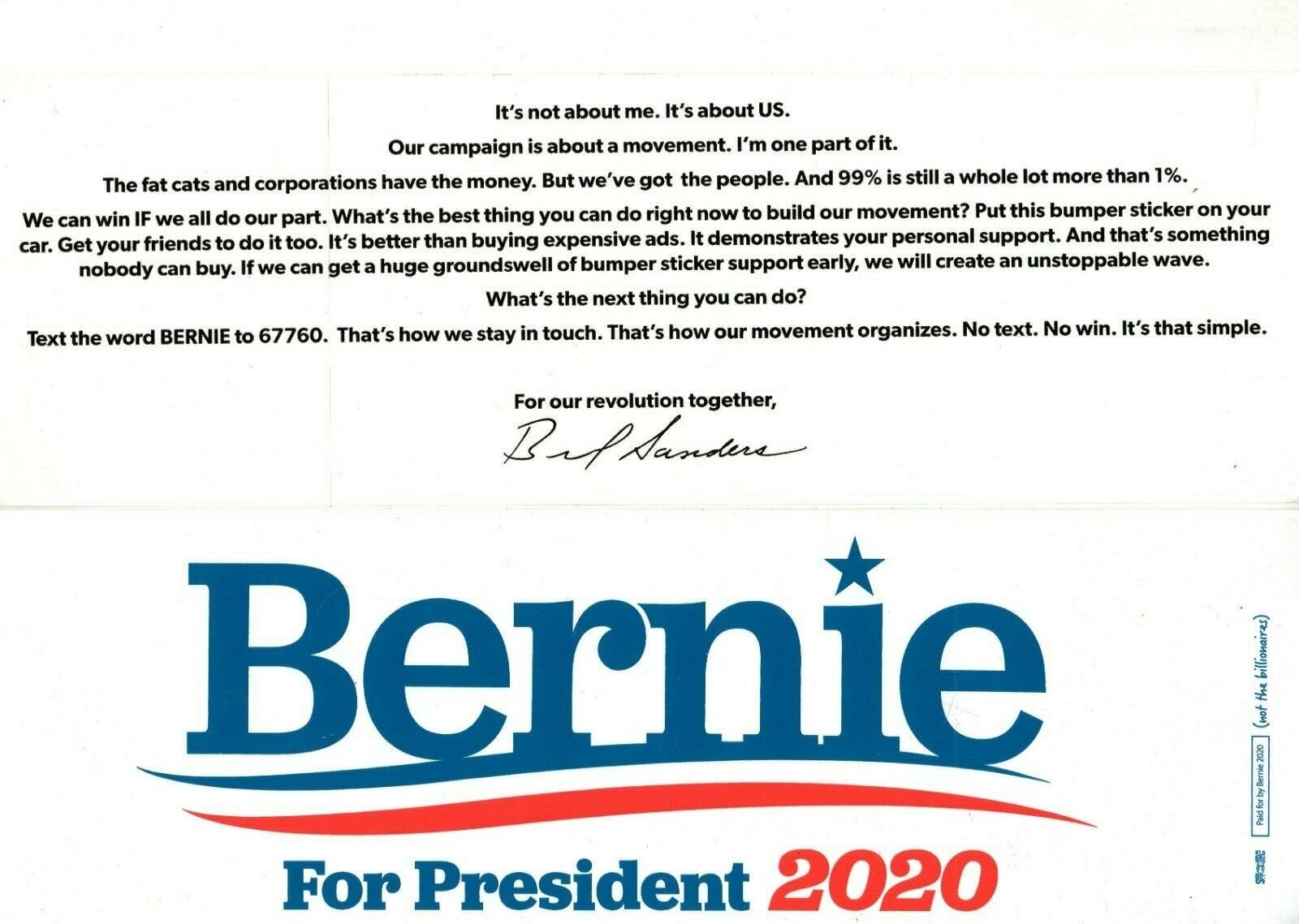 POLITICS (2020) Bumper Sticker: BERNIE (Sanders) For President (2 Sides) Q