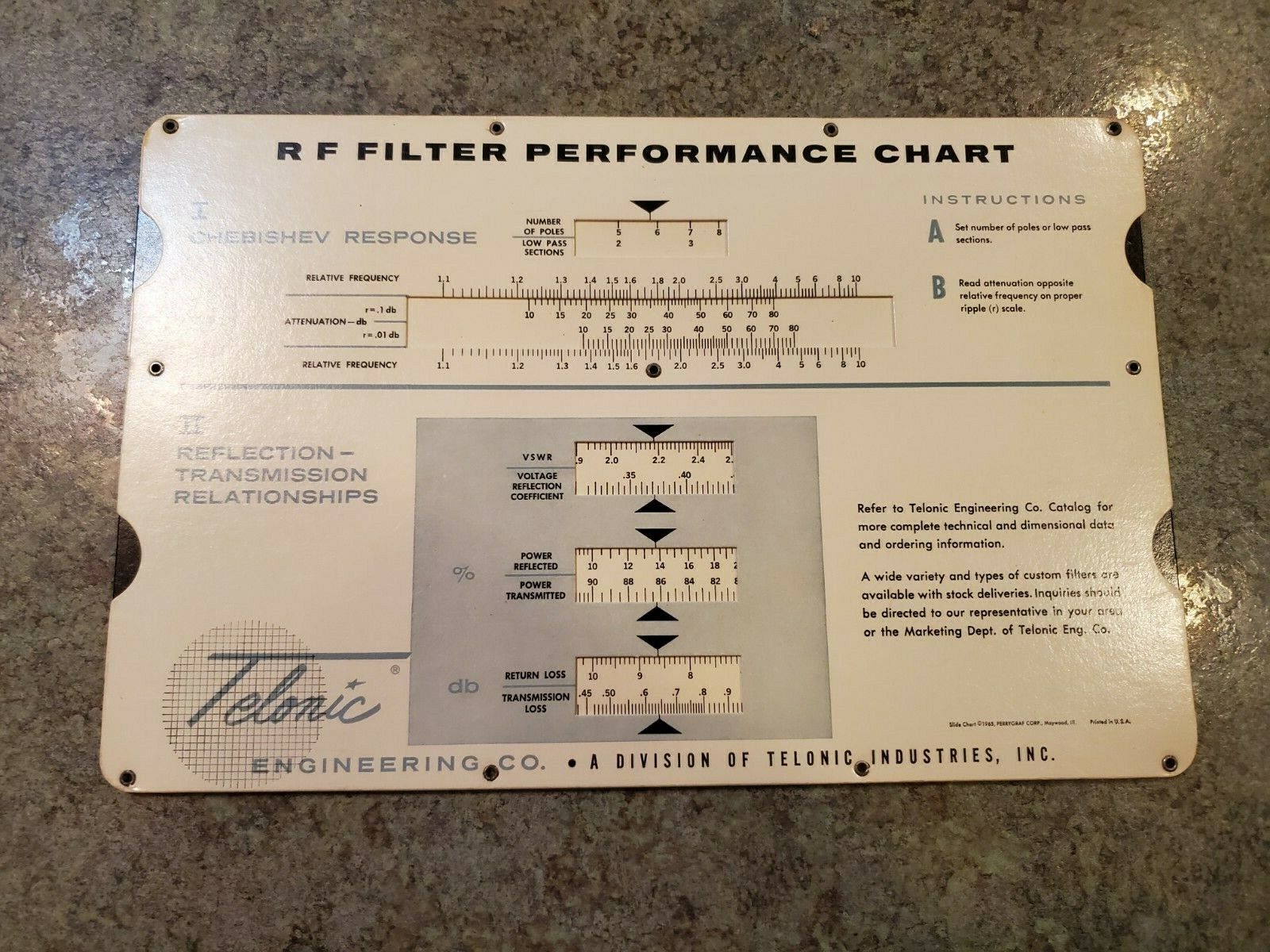 Vintage 1965 Telonic RF Filter Performance Slide Rule Calculator USA Perrygraf