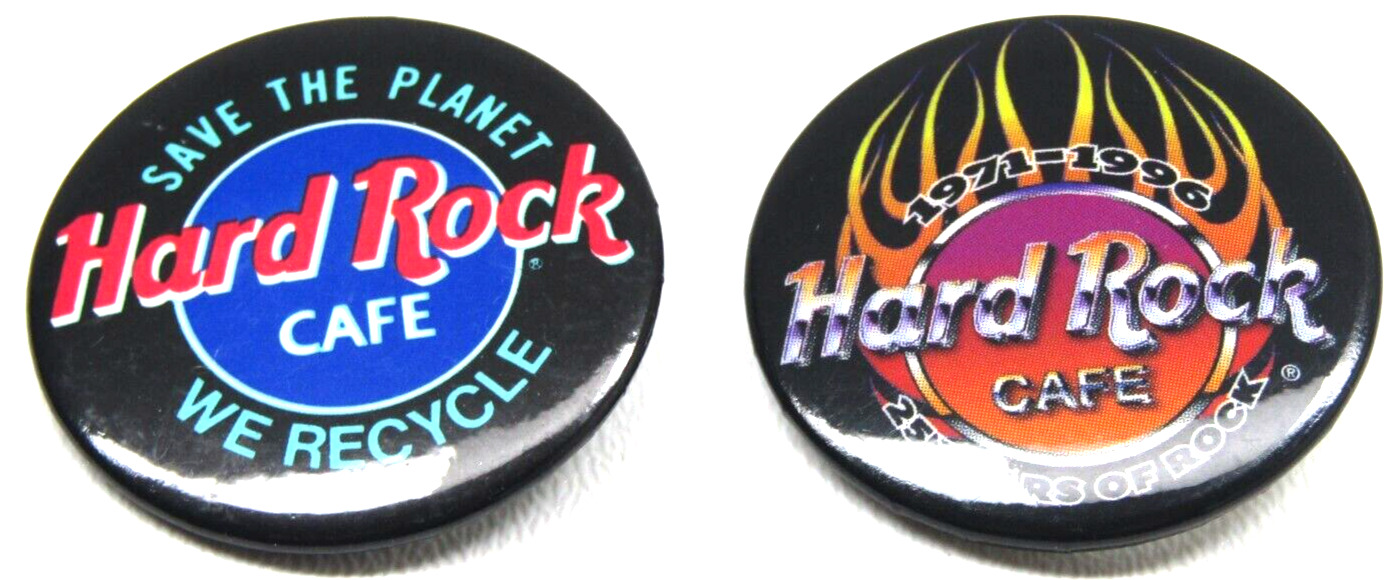 2x Hard Rock Cafe Pinback Buttons Collectible Pins 25 Years & Save The Planet